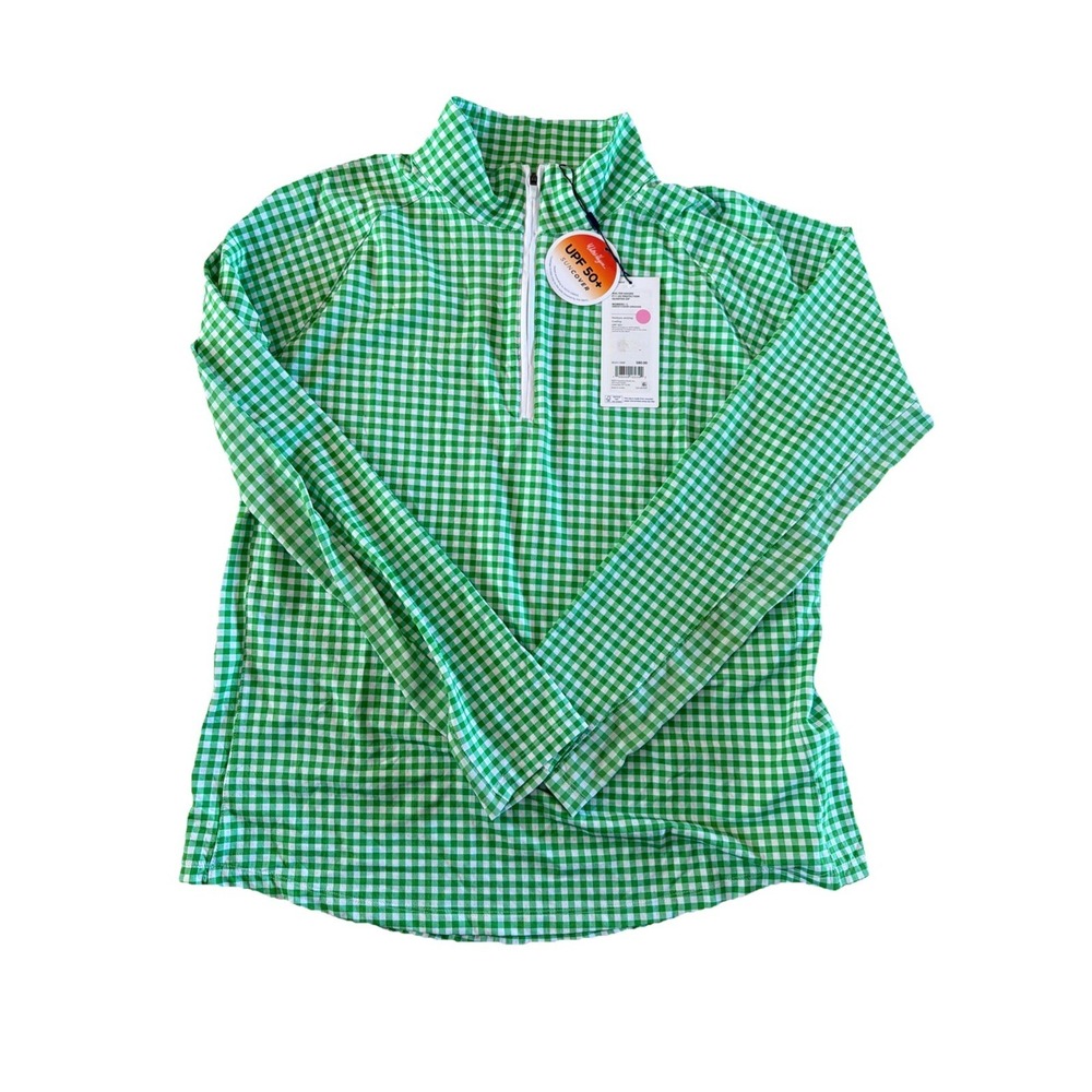 New Women's Walter Hagen P11 UV Protection Quarter Zip Green Gingham Golf Large - Picture 9 of 9